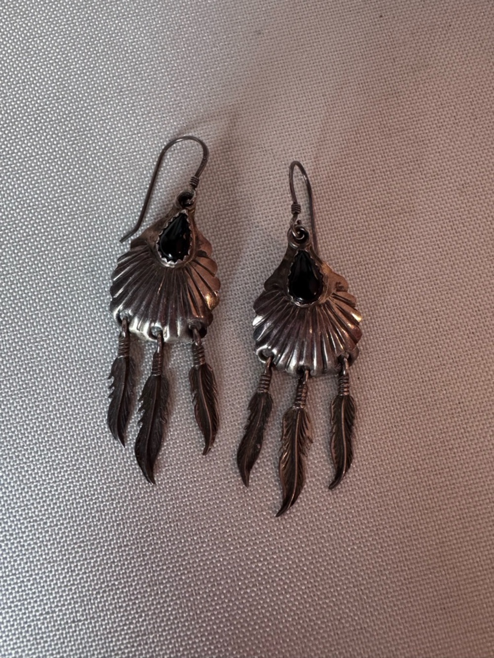 Sterling Silver Black Teardrop Feather Dangle Earrings